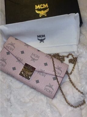 MCM Pink Logo Chain Crossbody Wallet with Gold Hardware
